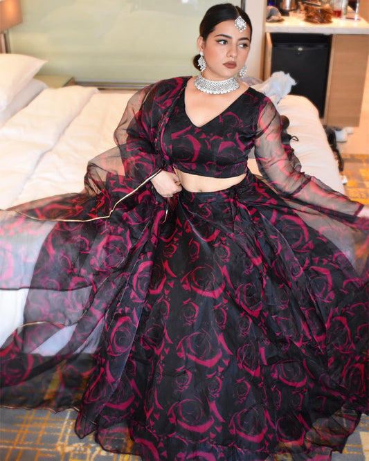 Sonia Verma Wine Floral Soft Organza Silk Full Stitched Lehenga Choli