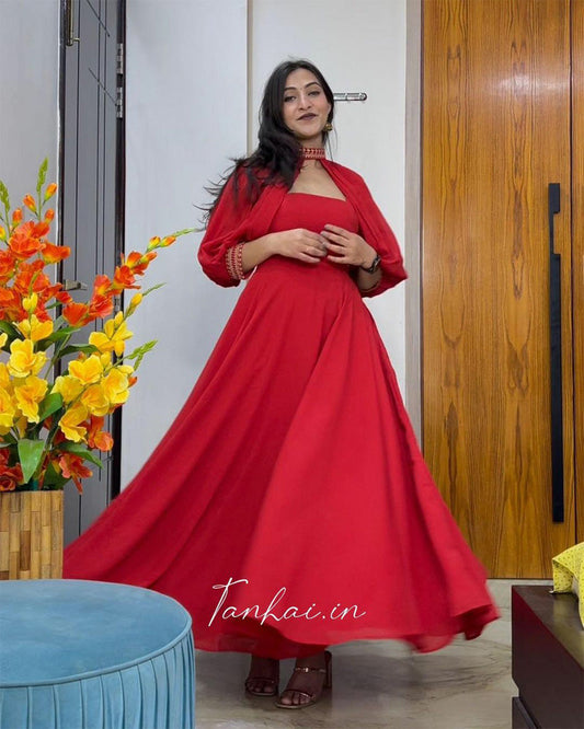 Deepa In Our Red Color Detachable Sleeve Anarkali Gown