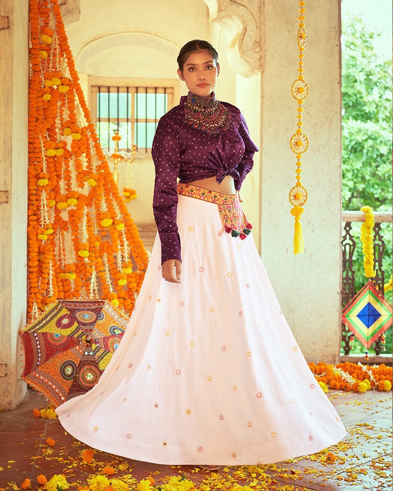 Purple And White Color Cotton Printed Fully Stitched Navratri Lehenga Choli