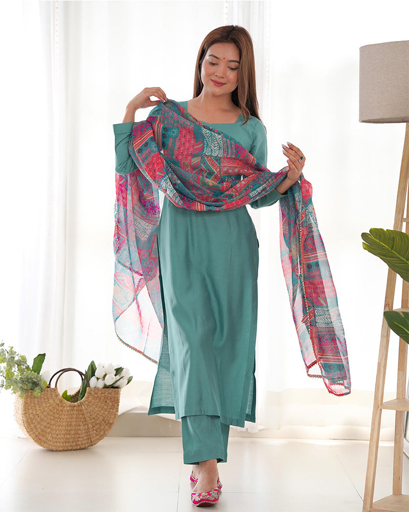 Sea Green Color Viscose Ready To wear Three Piece Kurti Suit