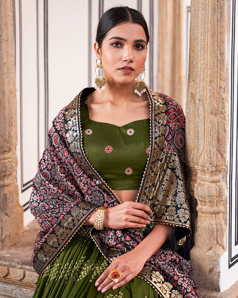 Designer Green Color Ajarakh Print Silk Lehenga Choli