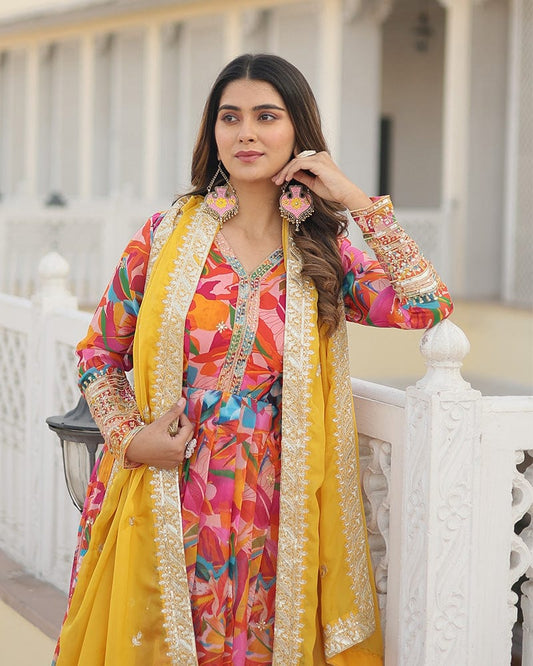 Wedding Wear Floral Embroidered Pink Color Alia Cut Gown With Dupatta