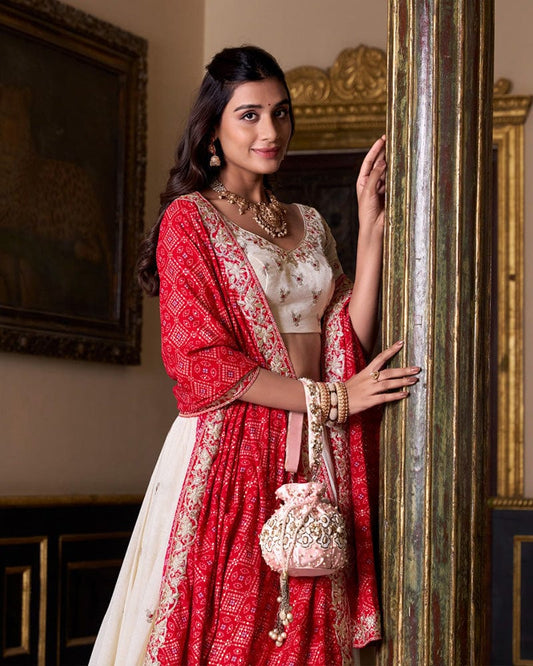 Off White Color Vichitra Silk Sequins And Thread Embroidered Lehenga Choli