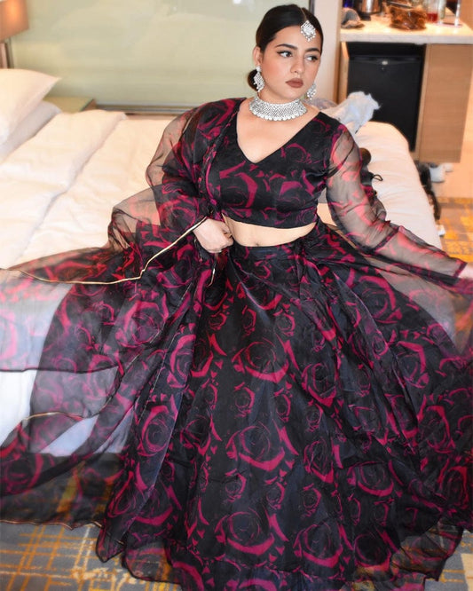 Sonia Verma Wine Floral Soft Organza Silk Full Stitched Lehenga Choli