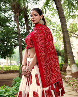 Red Color Tussar Silk Bandhej Printed Lehenga Choli