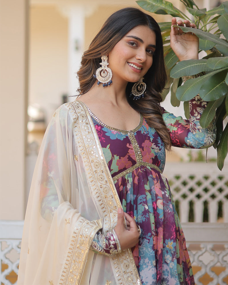 Wedding Wear Floral Embroidered Wine Color Alia Cut Gown With Dupatta