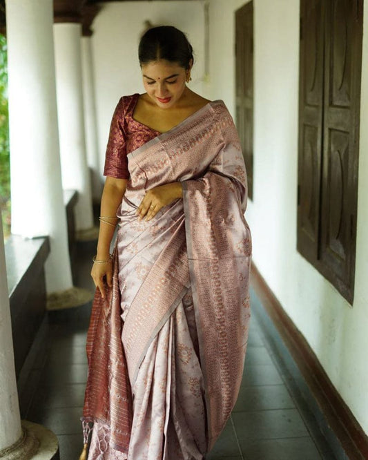 Cream Off White Color Floral Soft Lichi Silk Saree