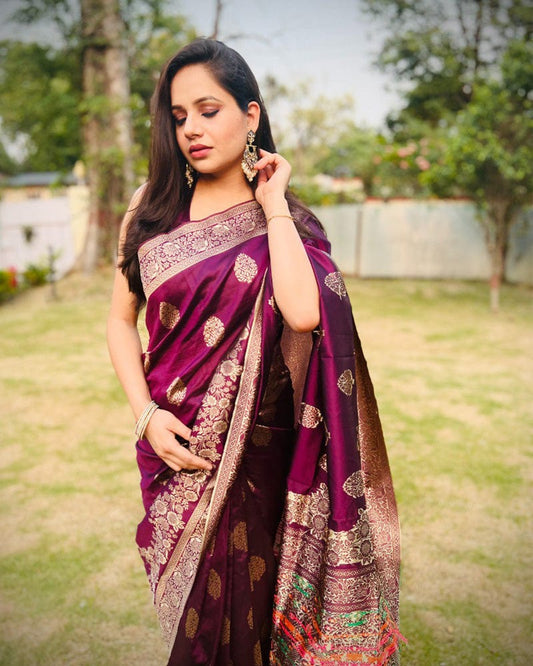 Heavy Designing wine Color Jacquard Print Soft Silk Saree