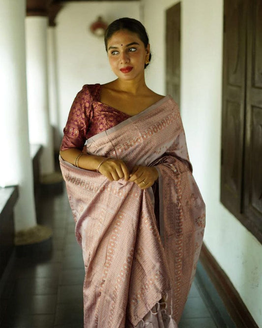 Cream Off White Color Floral Soft Lichi Silk Saree