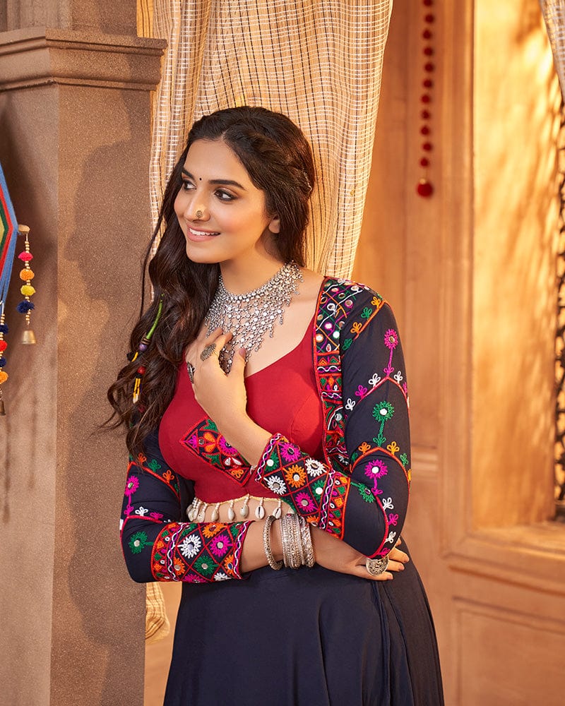 Navy Blue Color Viscose Rayon Threaded Fully Stitched Navratri Lehenga Choli