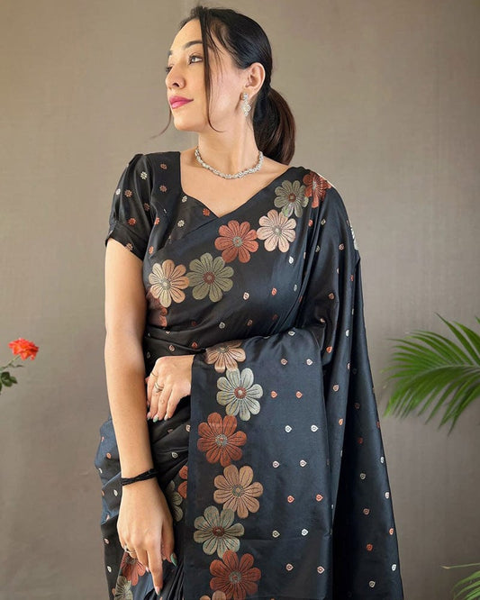Jacquard Design Black color Soft Lichi Silk Saree