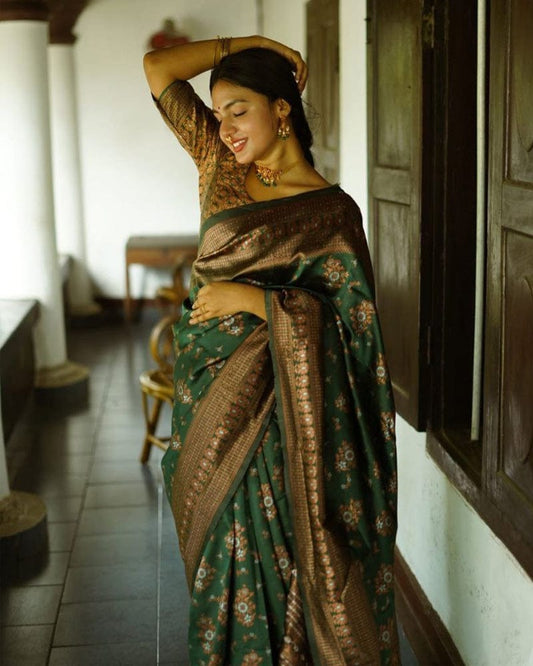Green Color Floral Soft Lichi Silk Saree