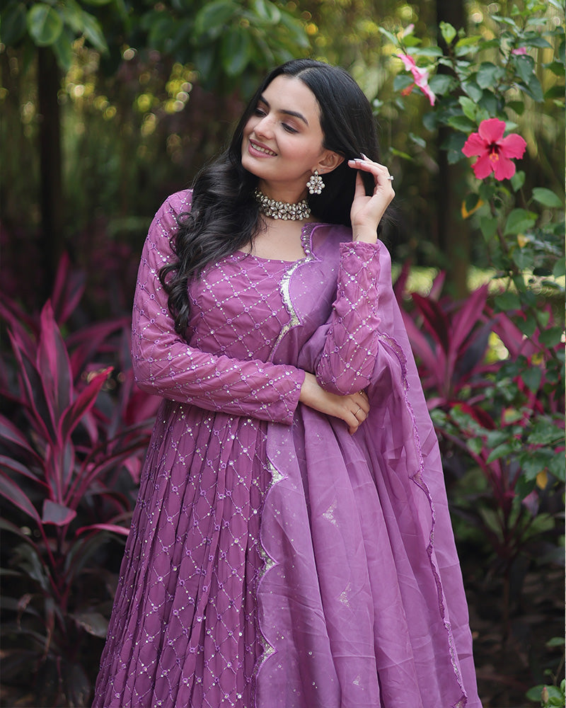 Lavender Color Designer Anarkali Gown With Dupatta