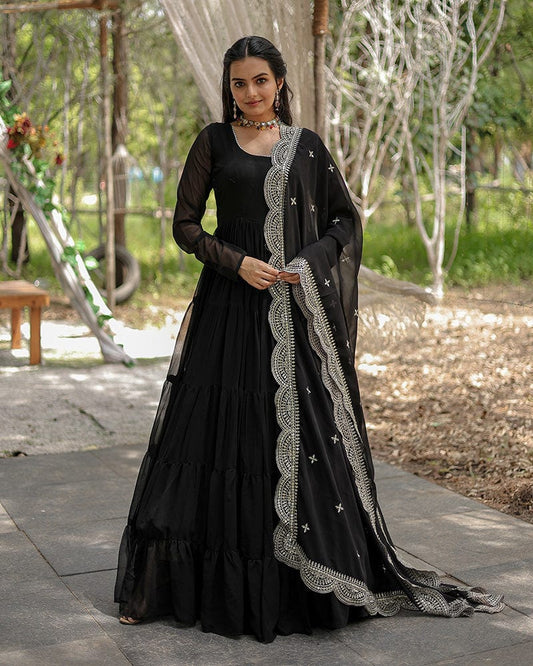 Black Color Designer Embroidered Gown With Dupatta