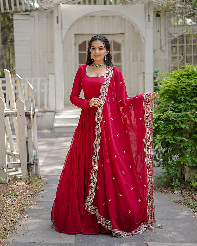 Rani Pink Color Designer Embroidered Gown With Dupatta