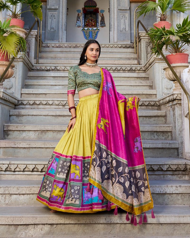 Mustard Color Tussar Silk Kalamkari Printed Lehenga Choli
