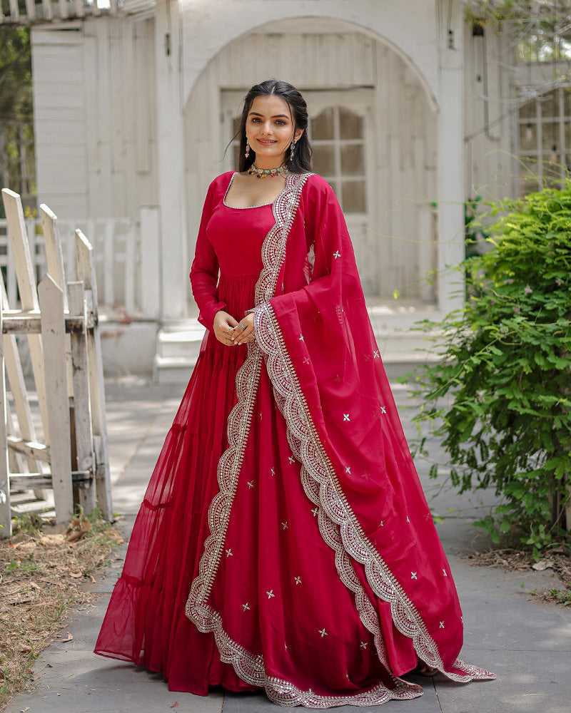Rani Pink Color Designer Embroidered Gown With Dupatta