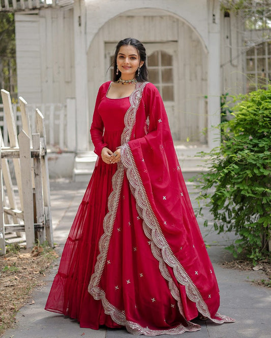 Rani Pink Color Designer Embroidered Gown With Dupatta