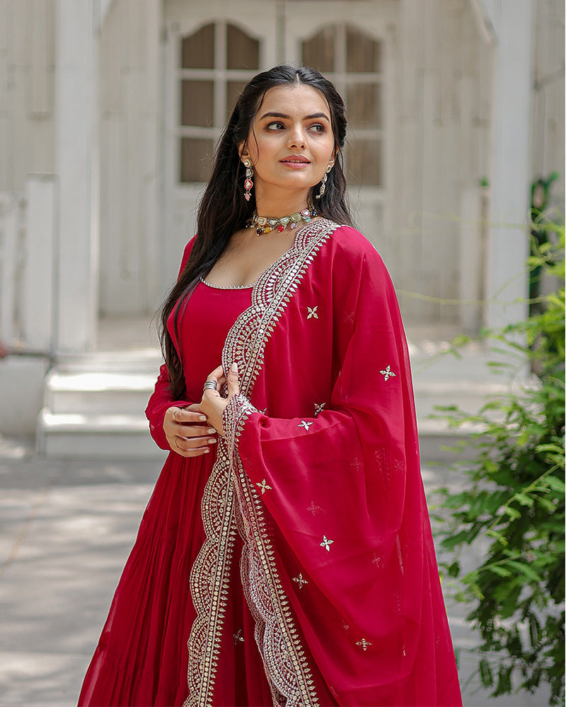 Rani Pink Color Designer Embroidered Gown With Dupatta