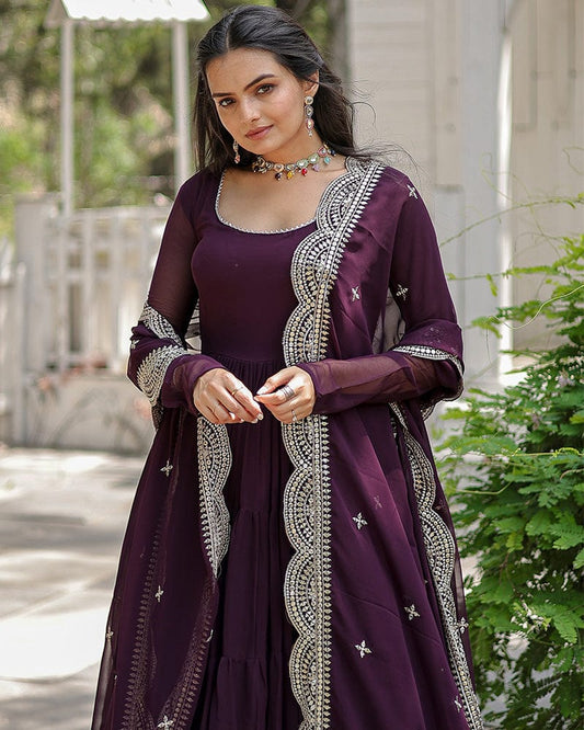Wine Color Designer Embroidered Gown With Dupatta
