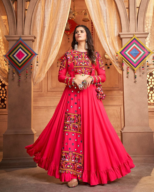 Rani Pink Color Viscose Rayon Threaded Fully Stitched Navratri Lehenga Choli
