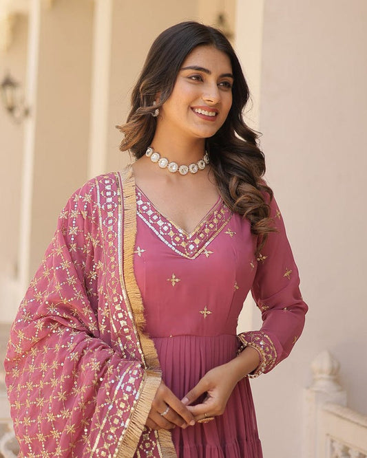 Onion Color Faux Georgette Designer Anarkali Gown With Dupatta