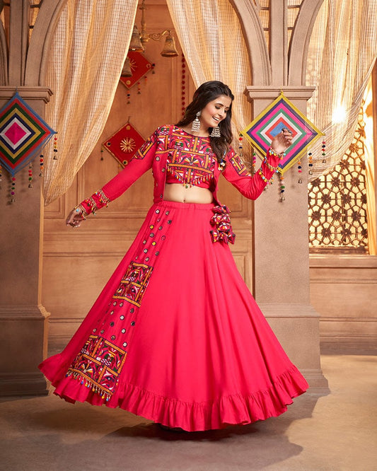 Rani Pink Color Viscose Rayon Threaded Fully Stitched Navratri Lehenga Choli