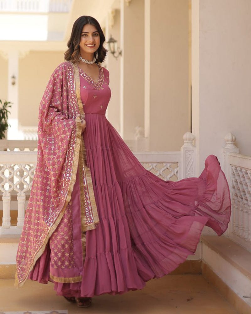 Onion Color Faux Georgette Designer Anarkali Gown With Dupatta