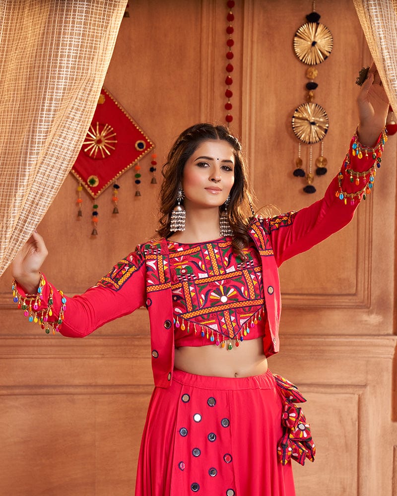 Rani Pink Color Viscose Rayon Threaded Fully Stitched Navratri Lehenga Choli