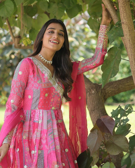 Wedding Wear Embroidery Pink Color Gown With Dupatta