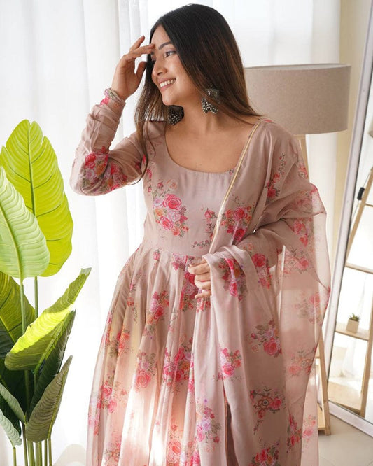 Light Chocolate Color Floral Print Soft Organza Silk Kali Cut Anarkali Suit