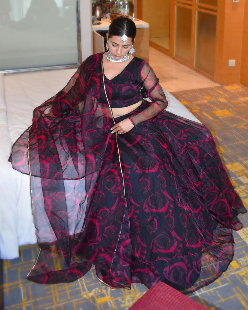 Sonia Verma Wine Floral Soft Organza Silk Full Stitched Lehenga Choli