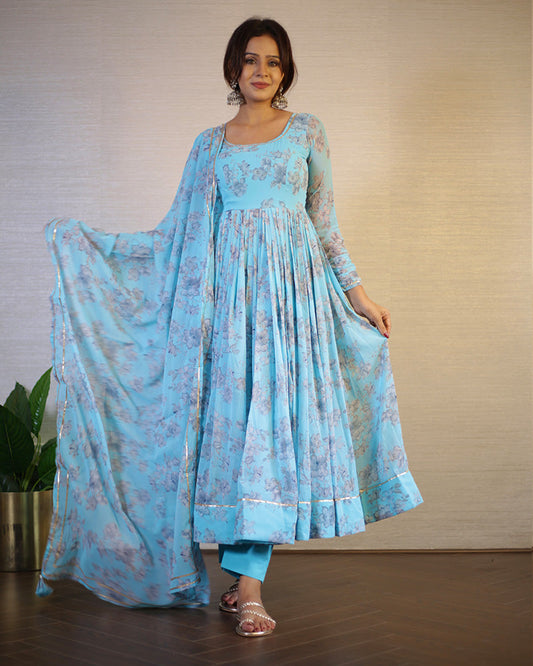 Sky Blue Color Georgette Three Piece Anarkali Suit
