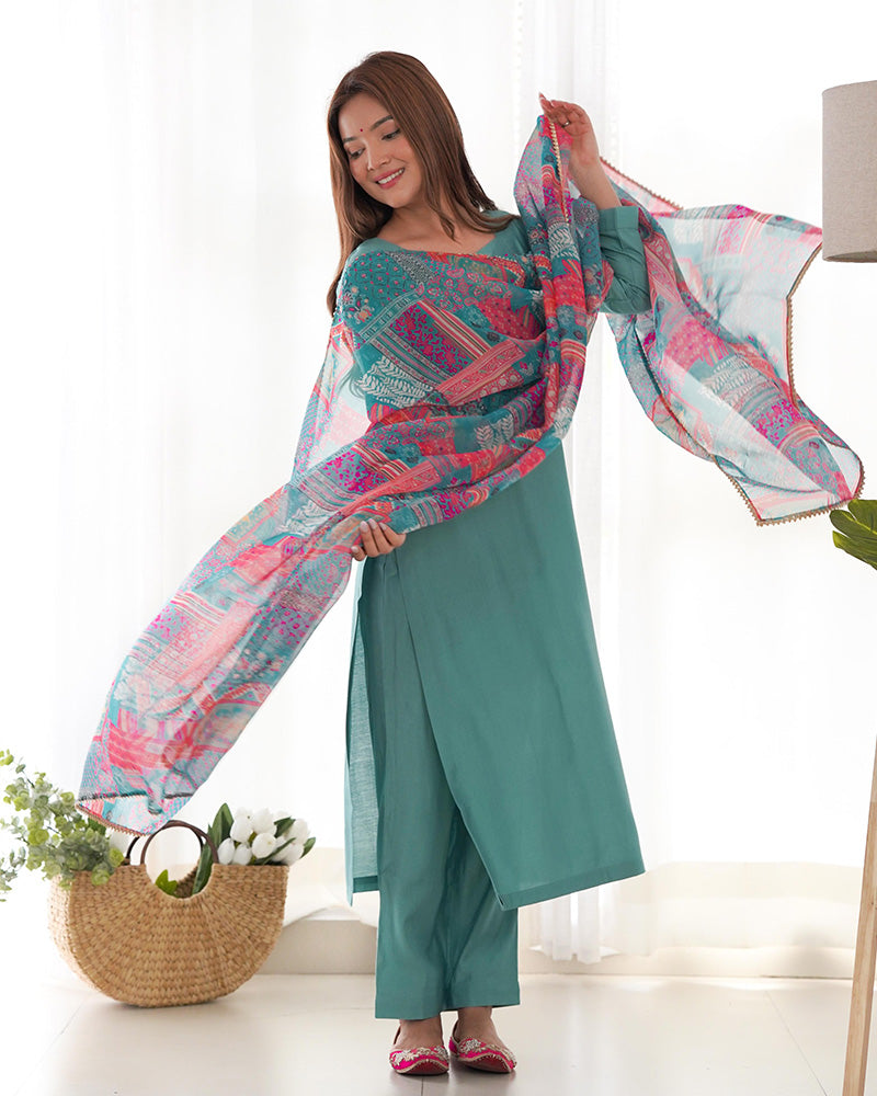 Sea Green Color Viscose Ready To wear Three Piece Kurti Suit