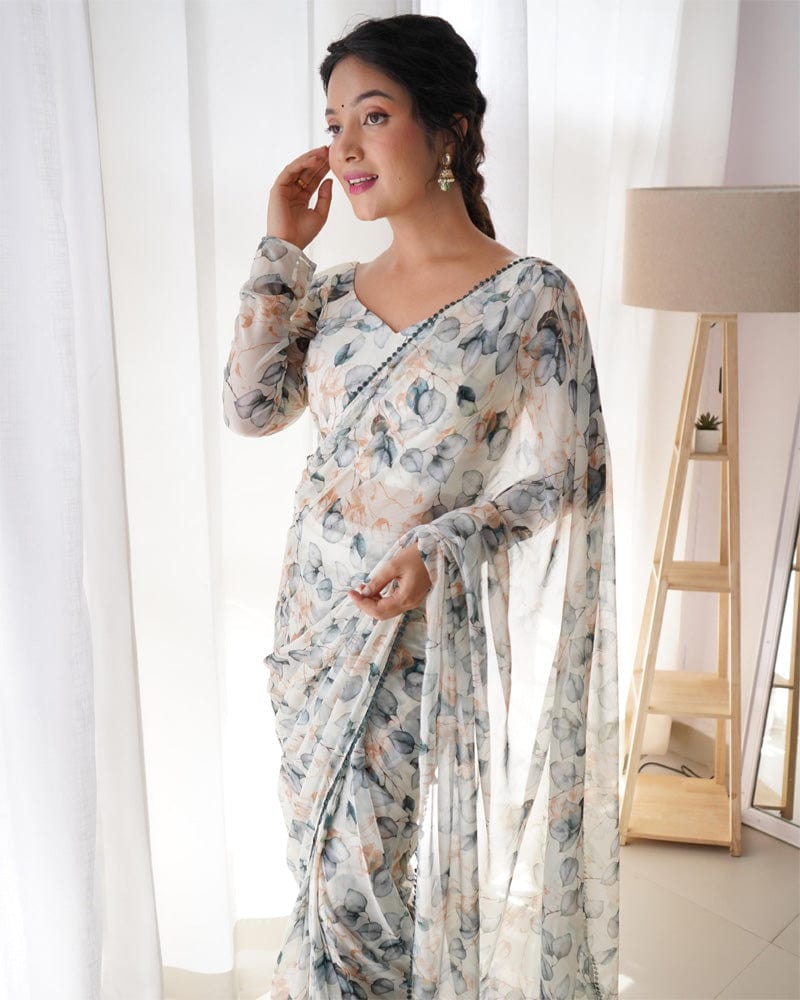 Floral Cream Off White Colour Chiffon Pre Drapped Saree