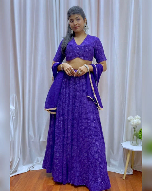 Purple Georgette Lucknowi Semi Stitched Lehenga Choli