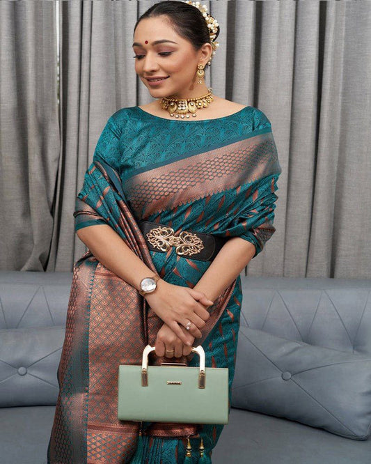 Bottle Green color Zari Weaving Work Pure Silk Saree