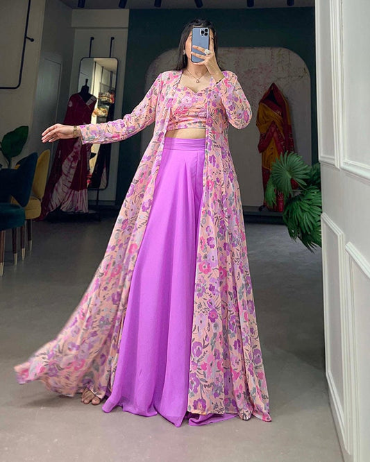 Lavender Color Georgette Printed Shrug With Plazzo Suit