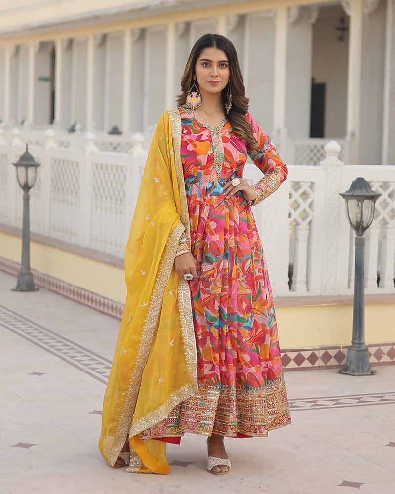 Wedding Wear Floral Embroidered Pink Color Alia Cut Gown With Dupatta