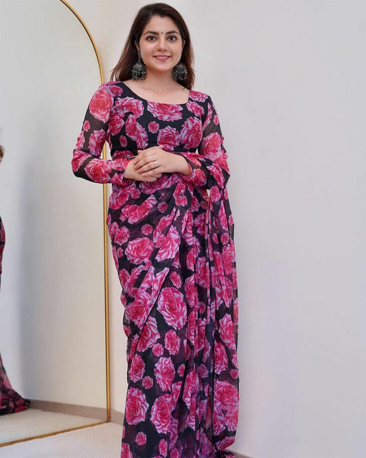 Neha Bagga Floral Wine Colour Chiffon Pre Drapped Saree