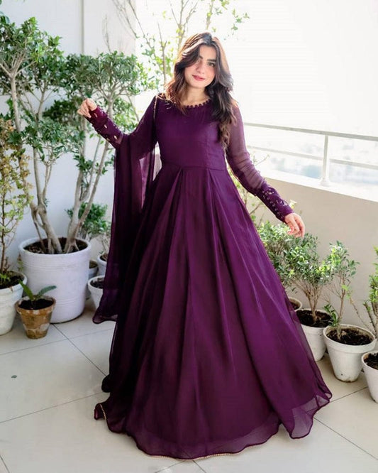 Beautiful Wine Color Anarkali Gown With Dupatta