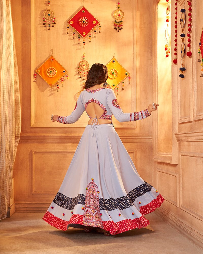 Sky Color Viscose Rayon Threaded Fully Stitched Navratri Lehenga Choli
