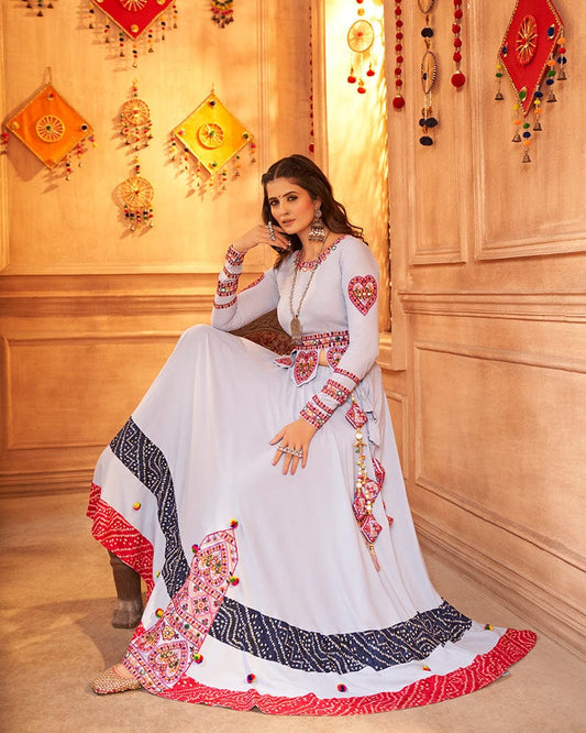 Sky Color Viscose Rayon Threaded Fully Stitched Navratri Lehenga Choli