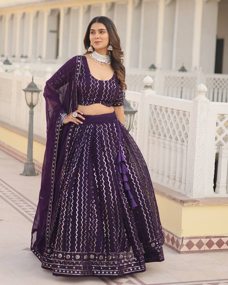 Wine Color Blooming Soft Georgette Heavy Embroidery Threaded Semi Stitched Lehenga Choli