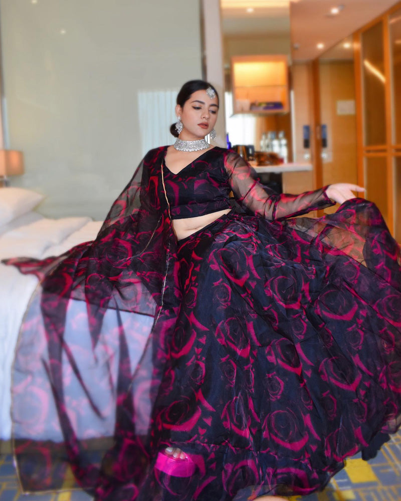 Sonia Verma Wine Floral Soft Organza Silk Full Stitched Lehenga Choli