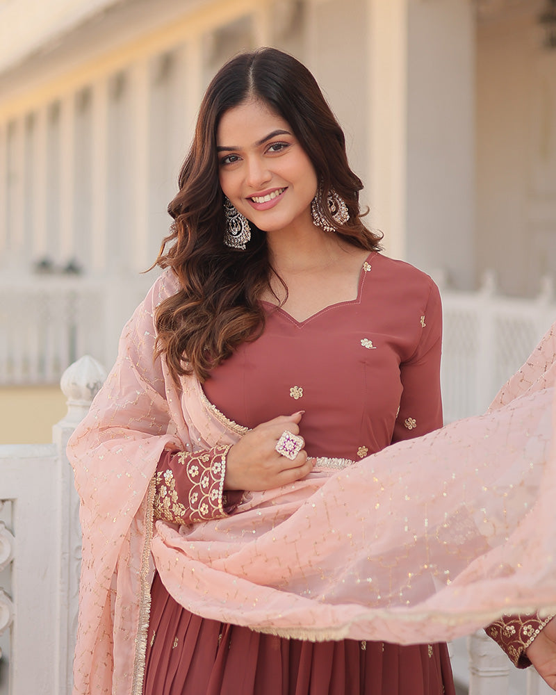 Chocolate Color Full Floor Length Anarkali Gown With Sequence Embroidery Dupatta