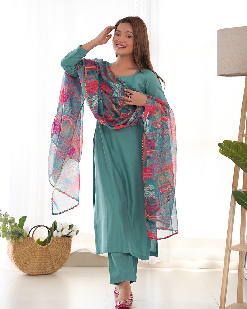 Sea Green Color Viscose Ready To wear Three Piece Kurti Suit