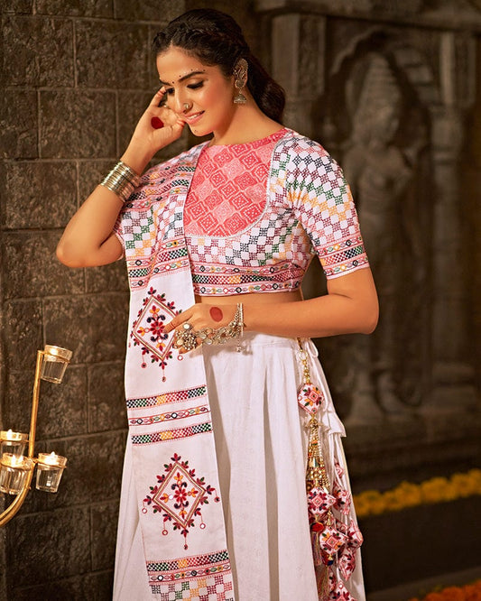 Pink And White Color Jacquard Cotton Thread With Mirror Work Navratri Lehenga Choli