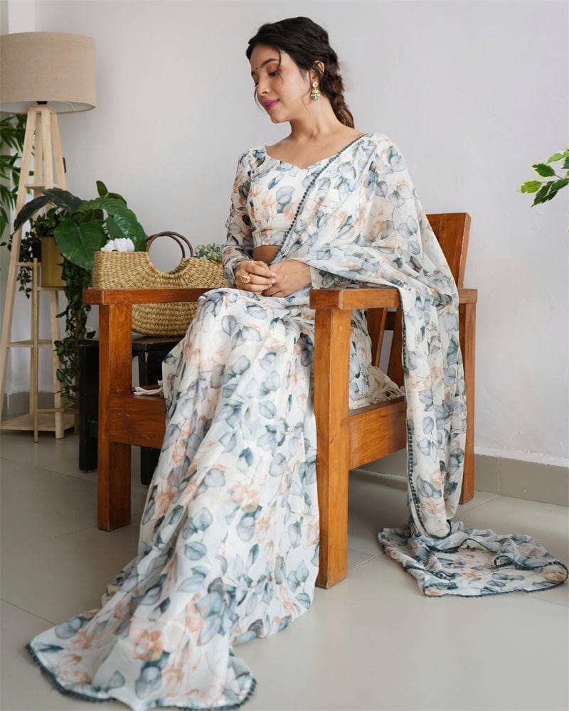 Floral Cream Off White Colour Chiffon Pre Drapped Saree
