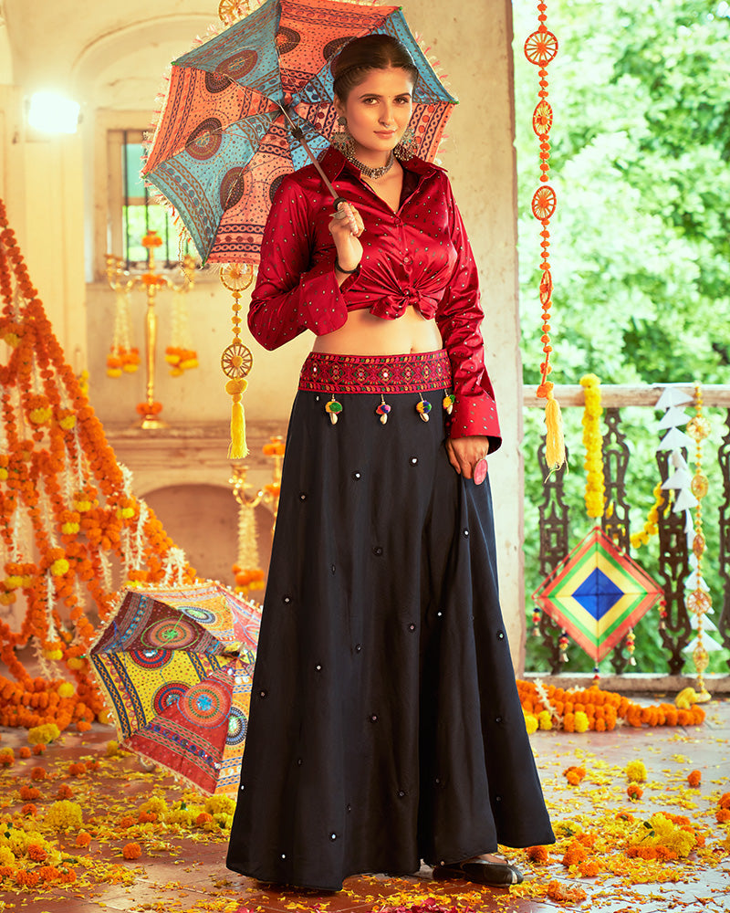 Maroon And Black Color Cotton Printed Fully Stitched Navratri Lehenga Choli